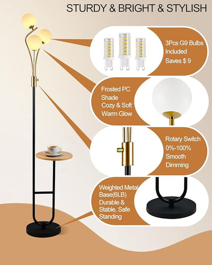 Lightdot Dimmable Gold &Black Floor Lamp with Tray 65IN Mid Century Standing Lamps with Shelf, 3000K Warm White Bulbs Included, Modern Globe Floor Lamp for Living Room/Bedroom/Sofa Beside/Corner Decor