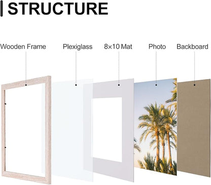Vittanly 11x14 Picture Frames Set of 9, Shatter Resistant Plexiglass, Display 8x10 Pictures with Mat or 11x14 without Mat, Photo Frames for Wall or Tabletop, Engineered Wood, Rustic Pink
