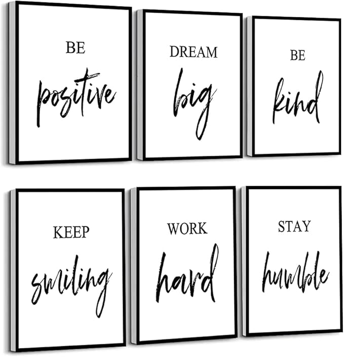 Inspirational Wall Art, Framed Motivational Canvas Wall Art Positive Quote for Living Room Bedroom Office, Stretched Ready to Hang (Set of 6, 8X10in, Framed)