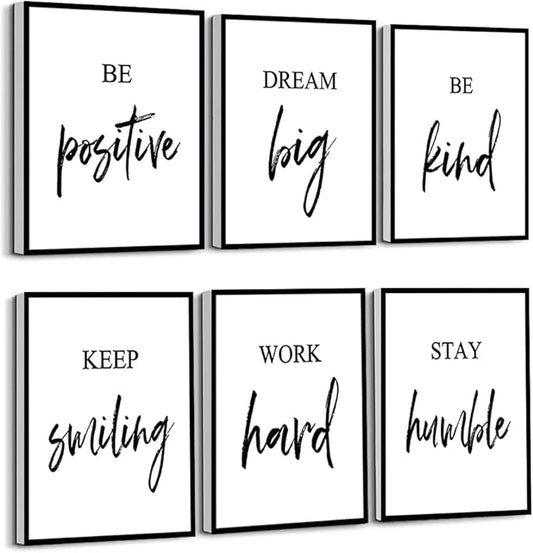 Inspirational Wall Art, Framed Motivational Canvas Wall Art Positive Quote for Living Room Bedroom Office, Stretched Ready to Hang (Set of 6, 8X10in, Framed)