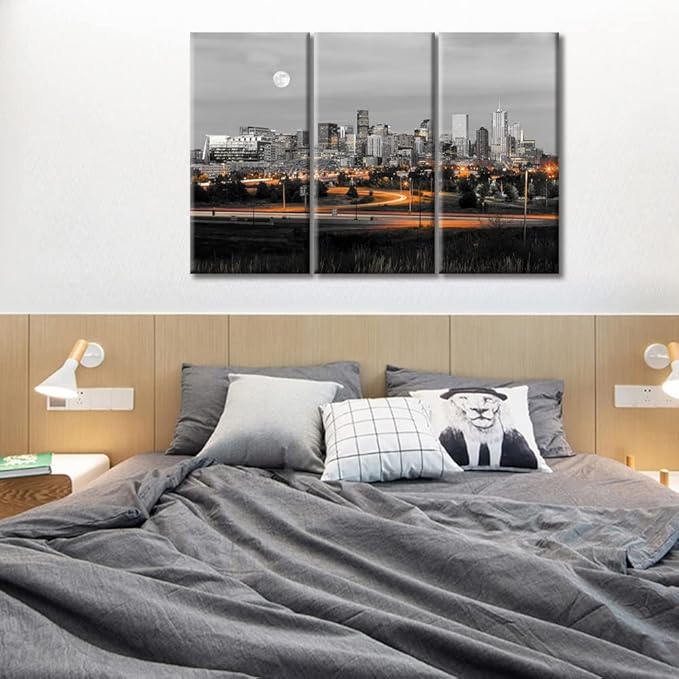 TUMOVO 3 Panel Denver Skyline Office Decor American Cityscape Pictures Black and White Wall Art Nighttime Skyscrapers Lightscape Artwork Posters and Prints Framed Ready to Hang (60" Wx40 H)