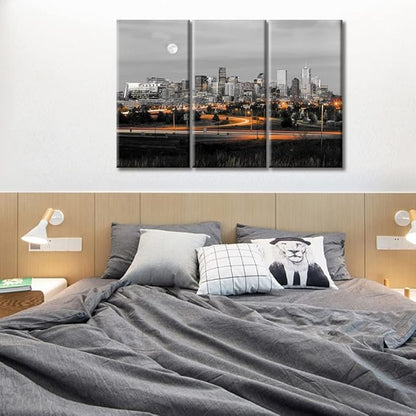 TUMOVO 3 Panel Denver Skyline Office Decor American Cityscape Pictures Black and White Wall Art Nighttime Skyscrapers Lightscape Artwork Posters and Prints Framed Ready to Hang (60" Wx40 H)