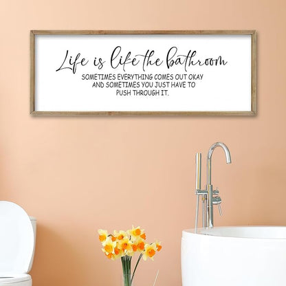 FZMHASLWW Humorous Motivational Bathroom Wall Decor 32"×12" Life Is Like The Bathroom Sign Funny Inspirational Quote for Farmhouse Toilet Restroom Large Modern Wood Framed Wall Hanging Art (Wood)