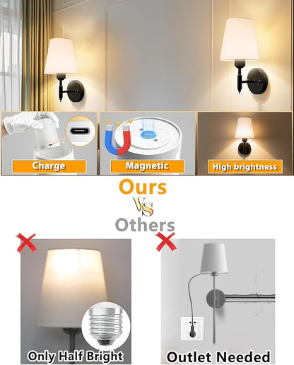 Adetu Battery Operated Wall Sconces Set of Two, Gold Rechargeable Wall Lights with 10000mAh RGB Rechargeable Magnetic Bulb, Battery Wall Sconce with Remote Control for Bedroom Decor
