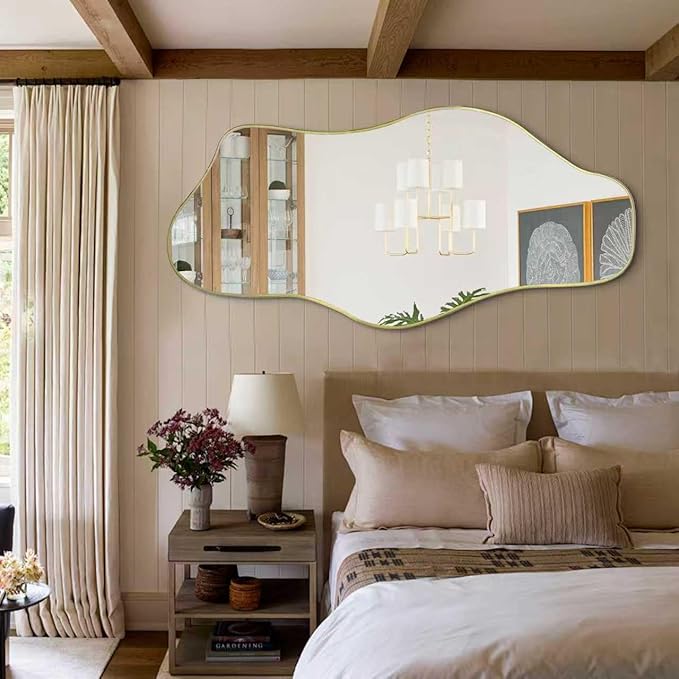 Large Irregular Mirror, 59"x25.5" Asymmetrical Frameless Mirrors, Gold Organic Shape Wall Mirrors for Living Room Bedroom Hallway Entryway, Horizontal or Vertical Hanging