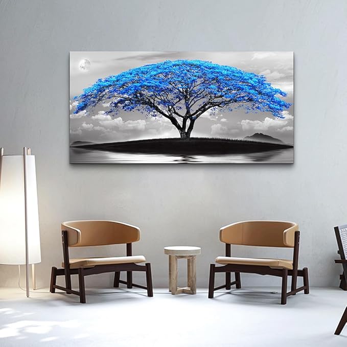 Wapluam Large Canvas Prints Wall Art For Living Room Bedroom Wall Decor Black And White Pictures Blue Tree Landscape Painting To Hang Modern Home Decorations For Office Stretched And Framed Works
