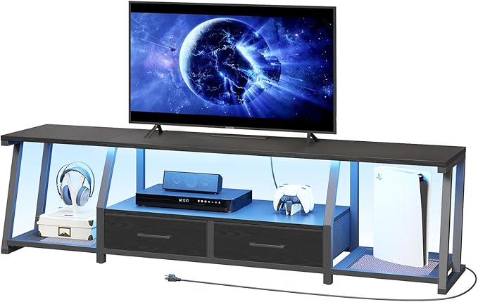 RALGEND LED TV Stand for 80 Inch TV, Entertainment Center with Open Shelves and Power Outlets, TV Console Table with Fabric Drawers, Media Console for Living Room, Bedroom, Black