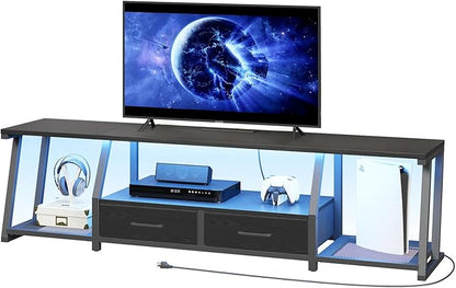 RALGEND LED TV Stand for 80 Inch TV, Entertainment Center with Open Shelves and Power Outlets, TV Console Table with Fabric Drawers, Media Console for Living Room, Bedroom, Black
