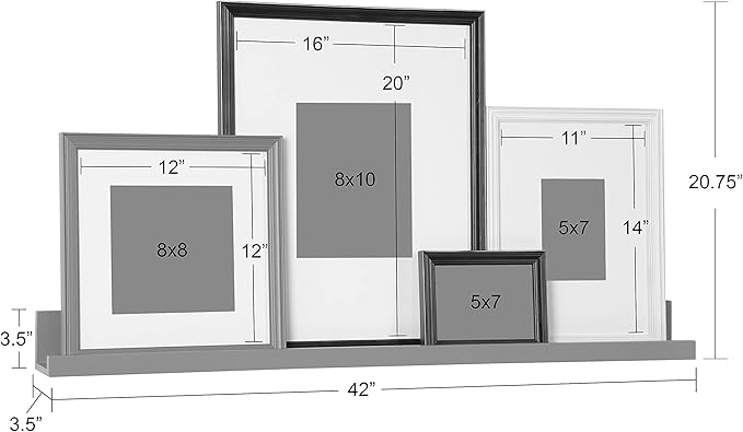 Kate and Laurel Bordeaux Gallery Floating Shelf and Wall Frame Kit, Set of 5, Multiple Finishes, Assorted Size Wooden Frames and Display Shelf