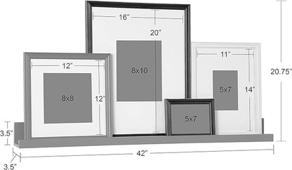 Kate and Laurel Bordeaux Gallery Floating Shelf and Wall Frame Kit, Set of 5, Multiple Finishes, Assorted Size Wooden Frames and Display Shelf