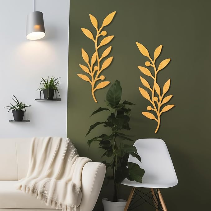 Zzbakress 2 Pieces Black Leaf Wall Decor Living Room, Wooden Vine Olive Branch Leaves Wall Decorations, Wooden Wall Art Decor For Hallway Bathroom Outdoor (Gold)