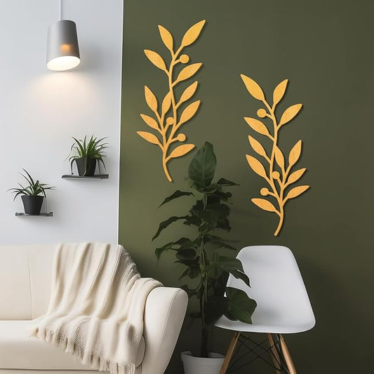 Zzbakress 2 Pieces Black Leaf Wall Decor Living Room, Wooden Vine Olive Branch Leaves Wall Decorations, Wooden Wall Art Decor For Hallway Bathroom Outdoor (Gold)