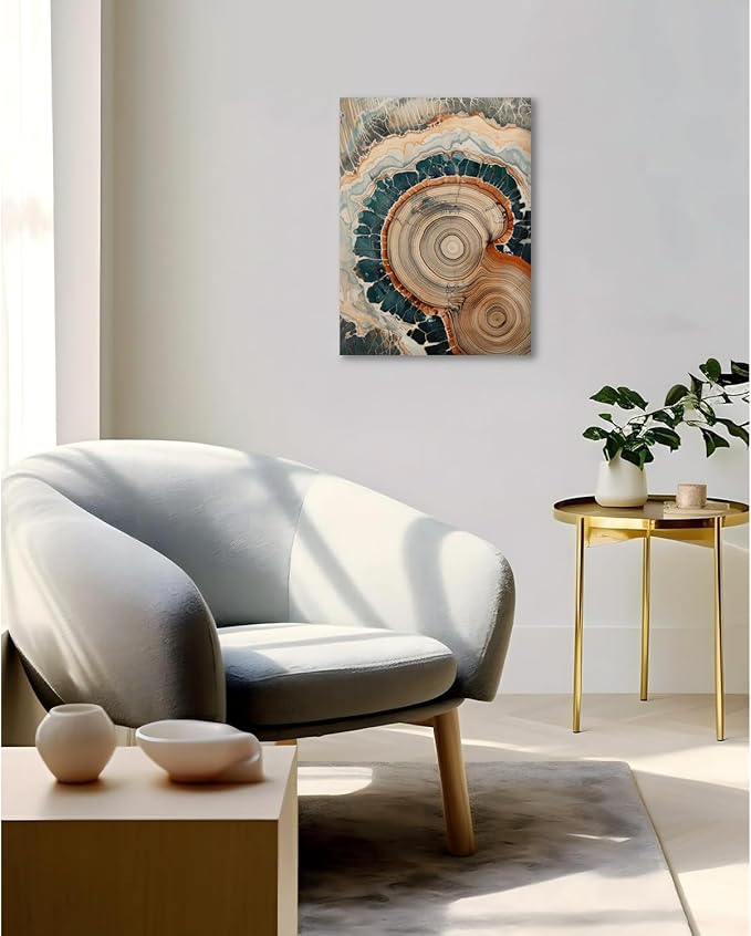 IBHJSART Framed Tree Ring Canvas Wall Art Blue Wall Art Wood Stump Painting Prints Modern Minimalist Pictures Neutral Nature Rustic Farmhouse Decor Living Room Bedroom Bathroom Office
