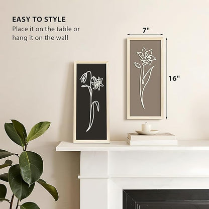 VIYYIEA Wooden 3d Floral Bathroom Wall Decor, Ready-to-Hang Framed Wall Art For Living Room, Bedroom and Office, Boho Botanical Farmhouse Decoration, Lightweight but Valuable Gift (7x16 In, set of 2)