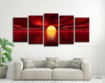 Wieco Art Red Sun Large Modern 5 Panels Seascape Sea Giclee Paintings Canvas Prints Wall Art Gallery Wrapped Pretty Ocean Sunset Pictures Artwork for Kitchen Bathroom Home Office Decoration