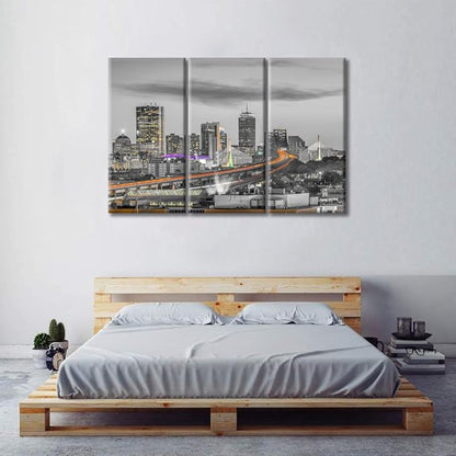 TUMOVO 3 Piece Wall Decor American Cityscape Canvas Paintings for Bedroom, Bathroom, Office. Boston Skyscrapers Nighttime Lightscape House Decor Print on Canvas Framed Ready to Hang (42" Wx28 H)