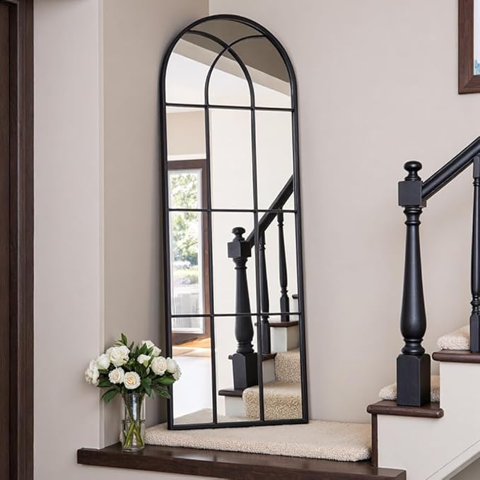 OGCAU Arched Full Length Mirror, 65"x22" Window Mirror, Floor Length Hanging or Leaning, Full Body with Iron Frame Window Pane for Bedroom Living Room (Black)