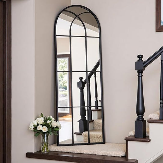 OGCAU Arched Full Length Mirror, 65"x22" Window Mirror, Floor Length Hanging or Leaning, Full Body with Iron Frame Window Pane for Bedroom Living Room (Black)