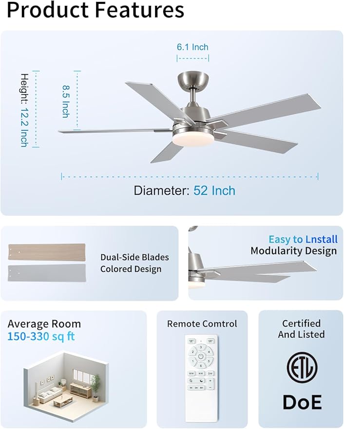 Rayqueen 52 Inch Ceiling Fans with Lights and Remote, 6 Speed Reversible DC Motor, 3CCT Dimmable LED, Modern Brushed Nickel Ceiling Fan for Bedroom, Living room & Covered Outdoor,Includes Downrod