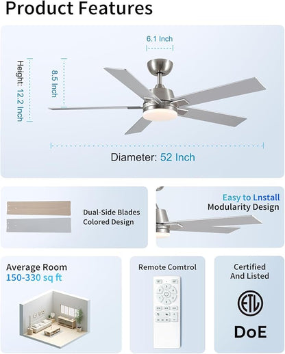 Rayqueen 52 Inch Ceiling Fans with Lights and Remote, 6 Speed Reversible DC Motor, 3CCT Dimmable LED, Modern Brushed Nickel Ceiling Fan for Bedroom, Living room & Covered Outdoor,Includes Downrod