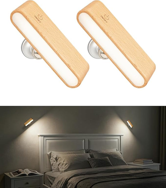 Wood Battery Operated Wall Sconces Set of Two, Magnetic Mini Wall Lights with 360° Rotation and Adjustable Brightness, Stick-On Mount for Bedside, Hallway, Living Room (2Pack Beech Wood)