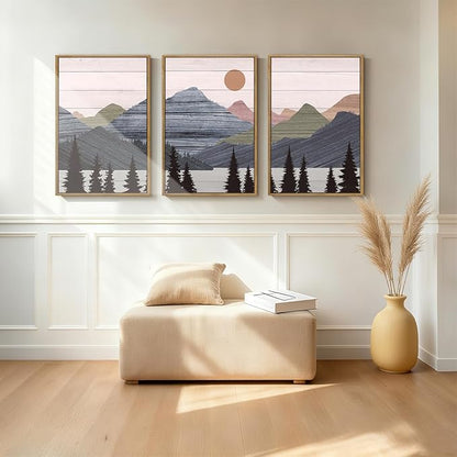 ANHUIB Mountain Framed Wall Art 16x24 Inch Large Nature Wilderness Art Print Abstract Landscape Painting Set of 3 for Living Room Bedroom Office