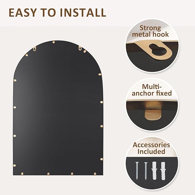 Arched Wall Mirror 24" x 36",Antique Gold Metal Beaded Frame, Decorative Accent Mirror for Bathroom, Living Room, Entryway & Bedroom