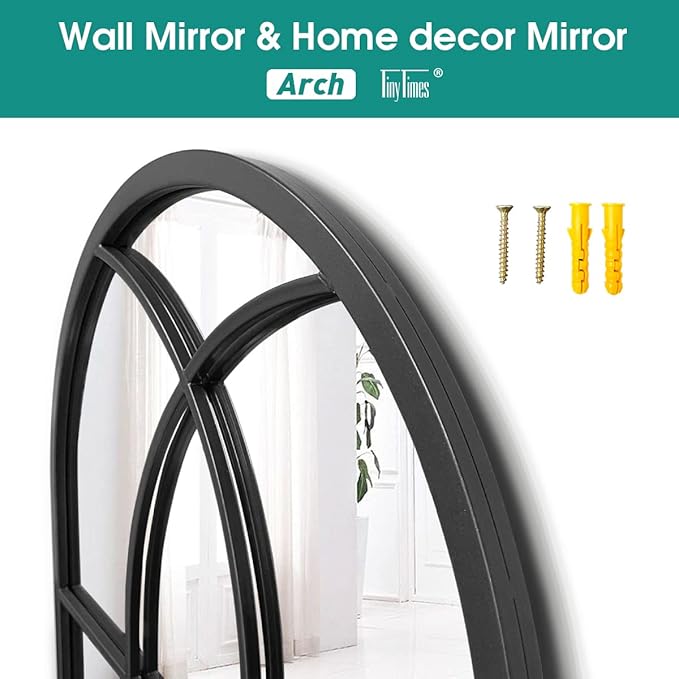 42"x 24" Arched Mirror, Window Wall Mirror, Windowpane Vanity Mirror, Metal Framed, Arched-Top Farmhouse Mirror, Rustic Decorative Mirrors - Black