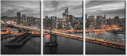 TUMOVO 3 Piece American Cityscape Wall Art for Living Room Cityscape View of San Francisco and the Bay Bridge at Night California Wall Decor for Bedroom Framed Ready to Hang (36" Wx16 H)