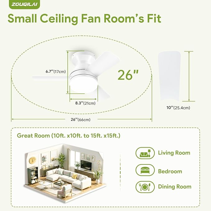 26" White Ceiling Fans with Lights and Remote, Low Profile Ceiling Fan with Light, Reversible DC Motors, 3CCT Dimmable Timer Noiseless, Flush Mount Ceiling Fan for Bedroom/Living Room