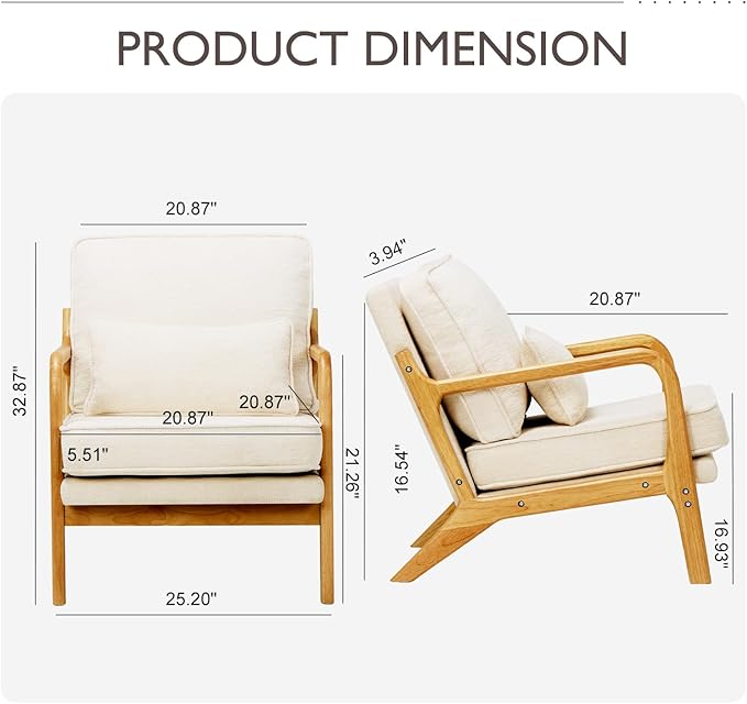 MALOL Accent Chair with Solid Wood Frame, Mid-Century Relaxing Armchair Lumbar Pillow& Soft Cushion, Reading Leisure Chair for Living Room, Bedroom, Waiting Room-Beige