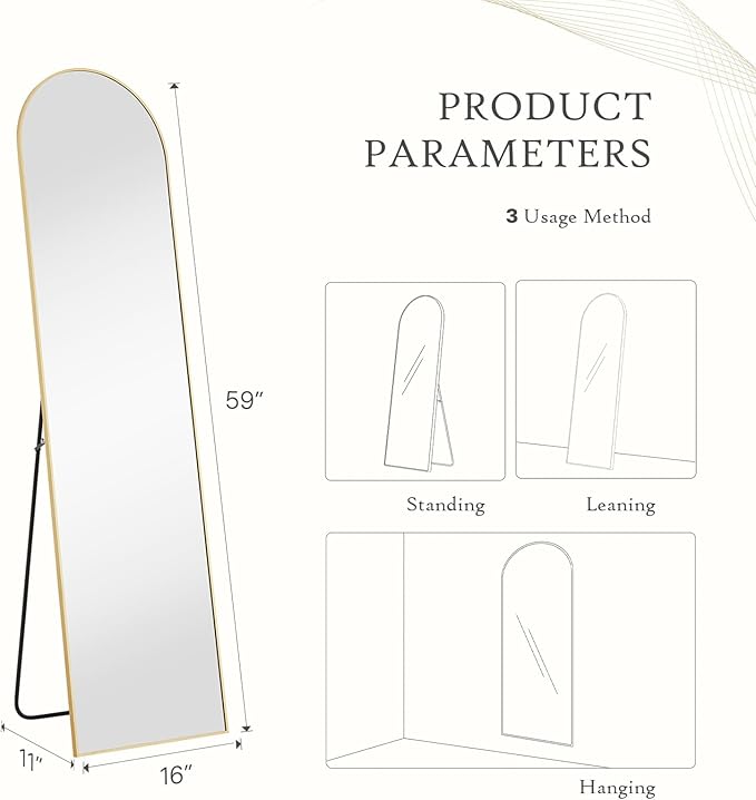 Arched Mirror Full Length, Upgraded 16"x59" Body Wall Mirrors with Shatter-Proof Glass, Floor Standing, Hanging or Leaning, Tall Arch Mirror with Stand Aluminum Alloy Frame for Bedroom, Gold