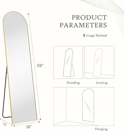 Arched Mirror Full Length, Upgraded 16"x59" Body Wall Mirrors with Shatter-Proof Glass, Floor Standing, Hanging or Leaning, Tall Arch Mirror with Stand Aluminum Alloy Frame for Bedroom, Gold