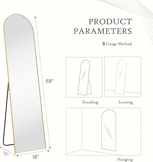 Arched Mirror Full Length, Upgraded 16"x59" Body Wall Mirrors with Shatter-Proof Glass, Floor Standing, Hanging or Leaning, Tall Arch Mirror with Stand Aluminum Alloy Frame for Bedroom, Gold