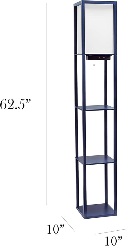 Simple Designs LF1037-NAV-LB Three Shelf Etagere Organizer Storage Floor Lamp with 2 Dual USB Ports and Charging Outlet, Navy Blue, with Feit LED Bulb Included
