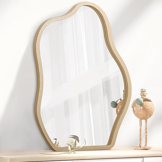 Gold Irregular Cloud Mirror - Modern Wood Frame Asymmetrical Wall Art Decor for Bedroom, Living Room, Bathroom, Entryway, Hallway
