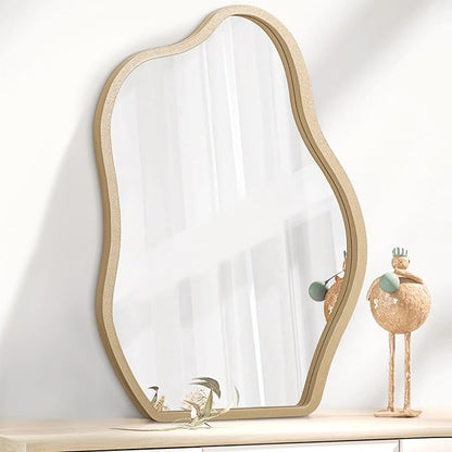Gold Irregular Cloud Mirror - Modern Wood Frame Asymmetrical Wall Art Decor for Bedroom, Living Room, Bathroom, Entryway, Hallway