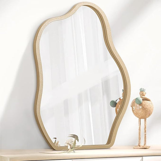 Small Wall Mirror Asymmetrical Irregular Wood Frame Mirrors Modern Unique Wall-Mounted Artistic Cloud Shape Mirror Decor for Bathroom Vanity Bedroom Living Room Entryway Hallway