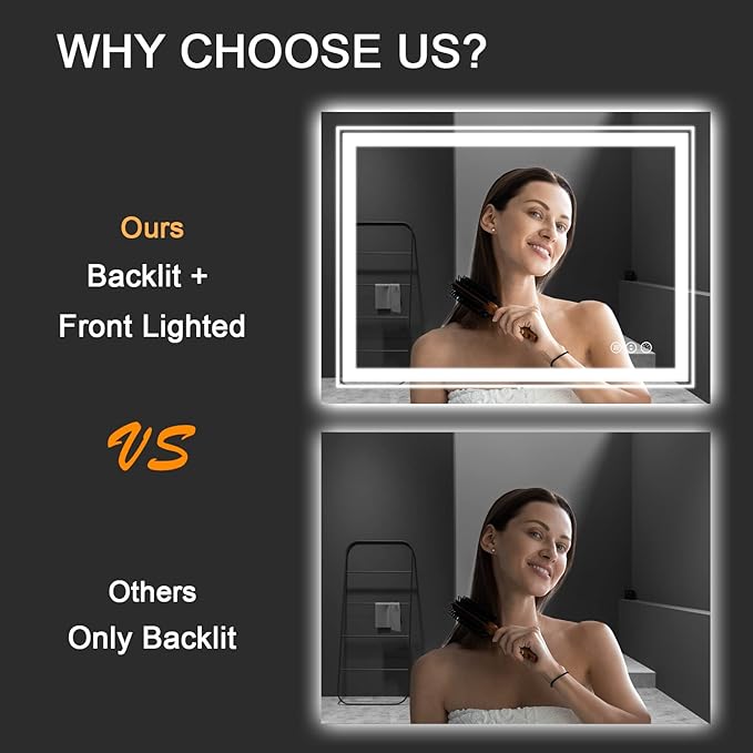 Snowdool LED Bathroom Mirror, 72"X32" with Front and Backlit, Anti-Fog, Large Bathroom Vanity Mirror for Wall, Memory Function, Stepless Dimmable, Tempered Glass (Horizontal/Vertical)