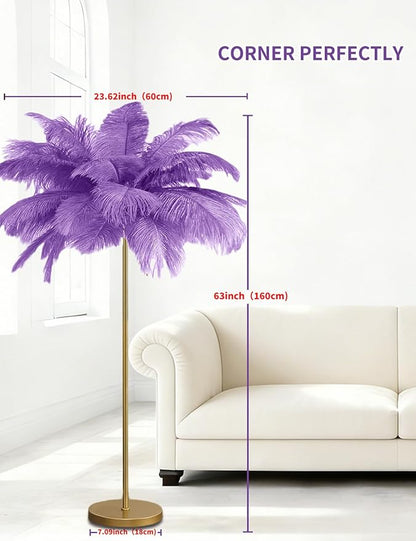 Feather Floor Lamp,Fluffy Ostrich Feather Floor Lamp for Bedroom,3 Color Temperatures Led Corner Modern Floor Lamps for Living Room Christmas Home Decor House Warming Gifts,63″ Height (Light Purple)