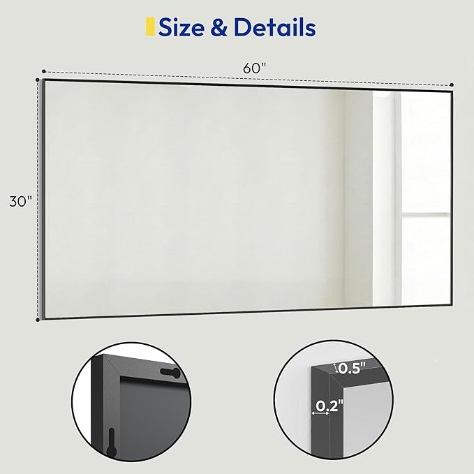 30" x 60" Matte Black Wall Mirror for Bathroom, 60" x 30" Extra Large Metal Framed Decor, Horizontal/Vertical Accent Mirror for Gym & Double Vanity
