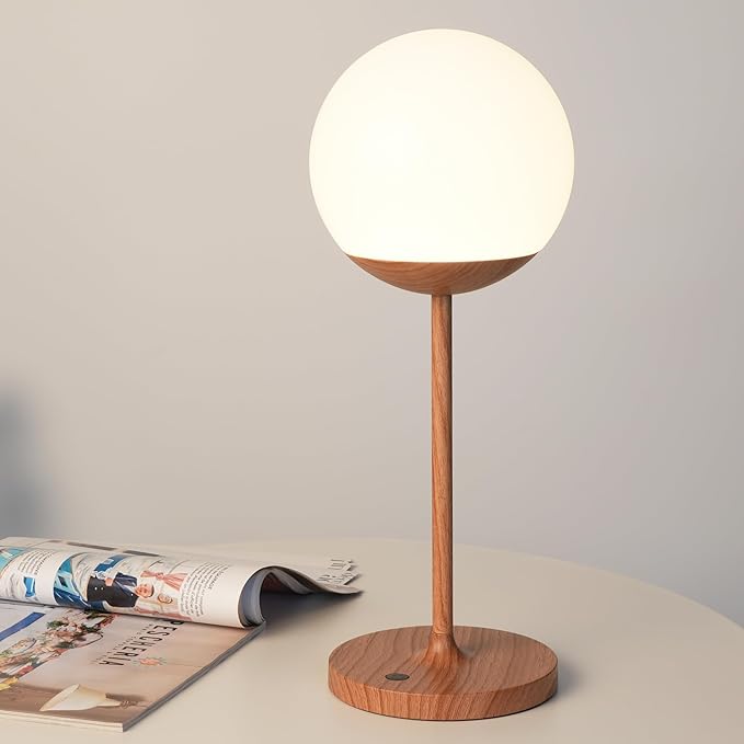 WEILAILUX Cordless Table Lamp with Globe Shade, Rechargeable Dimmable Bedside Light, Shower Lamp Waterproof, Touch Control, 8-72 Hours Runtime, 2700K Warm White for Indoor Outdoor (Wood Grain, Tall)