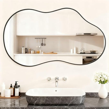 Itrue 20x36 Inch Black Framed Irregular Tempered Glass Wall Mirror, Asymmetrical Vanity Mirror for Bathroom, Bedroom, Entryway