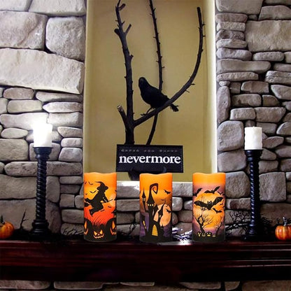 Halloween LED Flameless Pillar Candles Battery Operated with 6 Hour Timer Set of 3 Orange Wax Warm Light Flickering Witch Bats Castle Spooky Decals Halloween Decor Gifts(3 x 6 Inch)