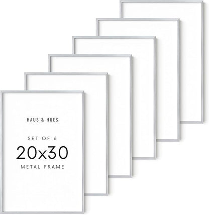 HAUS AND HUES 20x30 Silver Metal Picture Frames - Premium Aluminum with Vertical & Horizontal Hanging, Shatterproof Plexiglass - Perfect for Home or Office (20x30 in, Silver, Set of 6)