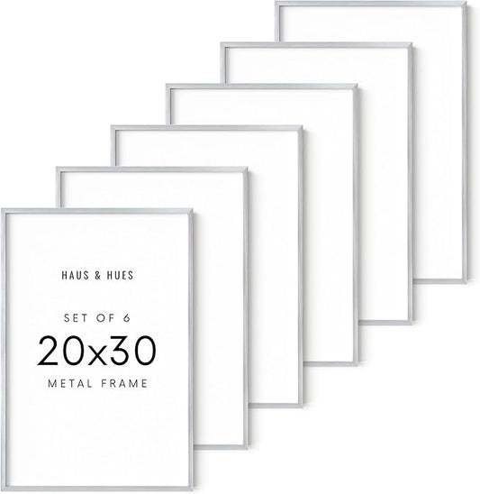 HAUS AND HUES 20x30 Silver Metal Picture Frames - Premium Aluminum with Vertical & Horizontal Hanging, Shatterproof Plexiglass - Perfect for Home or Office (20x30 in, Silver, Set of 6)