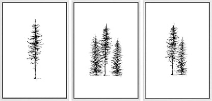 SIGNLEADER Framed Canvas Print Wall Art Three Pine Tree Portraits Nature Flower Drawings Modern Art Zen Scenic Relax/Calm Black and White for Living Room, Bedroom, Office - 16"x24"x3 WHITE