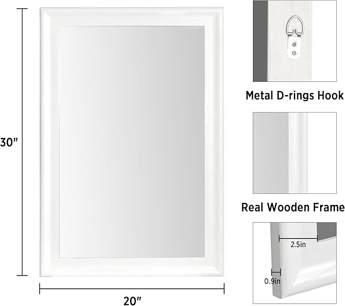 Tanmicoshomy White Bathroom Mirror 20x30 Inch, Wood Wall Mirrors with Tempered Glass for Bathroom Living Room Bedroom or Hallway