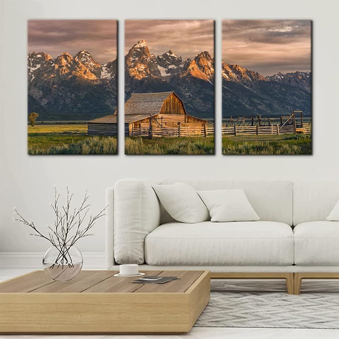 Pacimo Country Paintings for Wall Grand Canyon Picture Art Nature Landscape Artwork 3 Pieces Log Cabin Modern Wall Art Giclee Home Decorations for Living Room Framed Ready to Hang - 16"x24"x3 Panels