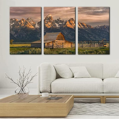 Pacimo Country Paintings for Wall Grand Canyon Picture Art Nature Landscape Artwork 3 Pieces Log Cabin Modern Wall Art Giclee Home Decorations for Living Room Framed Ready to Hang - 16"x24"x3 Panels